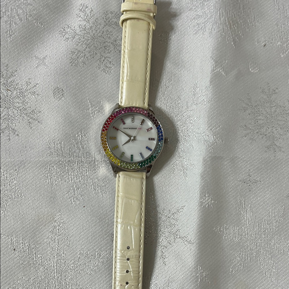 Isaac Mizrahi Multicolor Bezel Cream Strap Watch